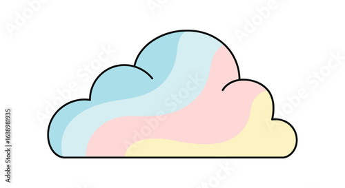 A Fluffy Cloud Displaying a Pastel Rainbow of Soft Colors Including Blue Pink and Yellow With a Dark Outline Against a White Background