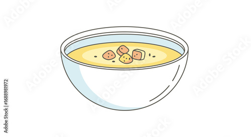 A Warm Bowl of Comforting Creamy Vegetable Soup Topped with Toasted Croutons on a White Background