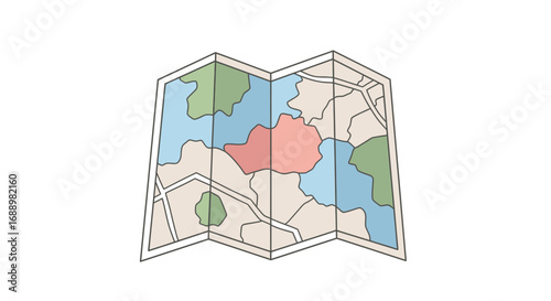 An Artistic Representation of a Folded Map Showing Various Geographical Regions and Boundaries with a Highlighted Area