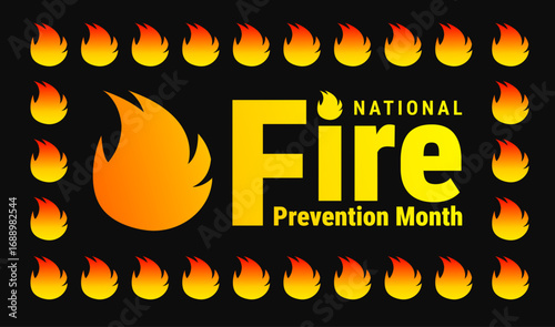 National Fire Prevention Month background, banner, card or poster design template is observed every year during October, to raise awareness about the mission. Vector illustration.