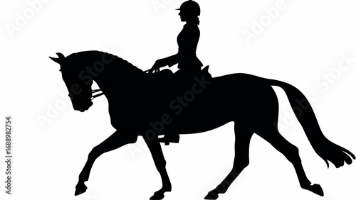Elegant equestrian rider gracefully guides powerful horse in synchronized movement across arena