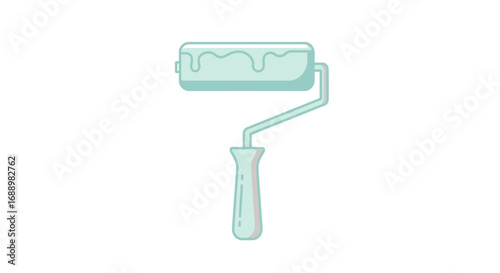 A simple illustration of a light blue paint roller with a white handle dripping some paint onto a white background a tool for applying paint to surfaces for decoration and protection