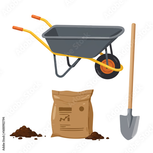 A detailed flat 2D vector illustration features a sturdy wheelbarrow, a large soil bag, and a sharp shovel, neatly arranged and isolated on a clean white background.