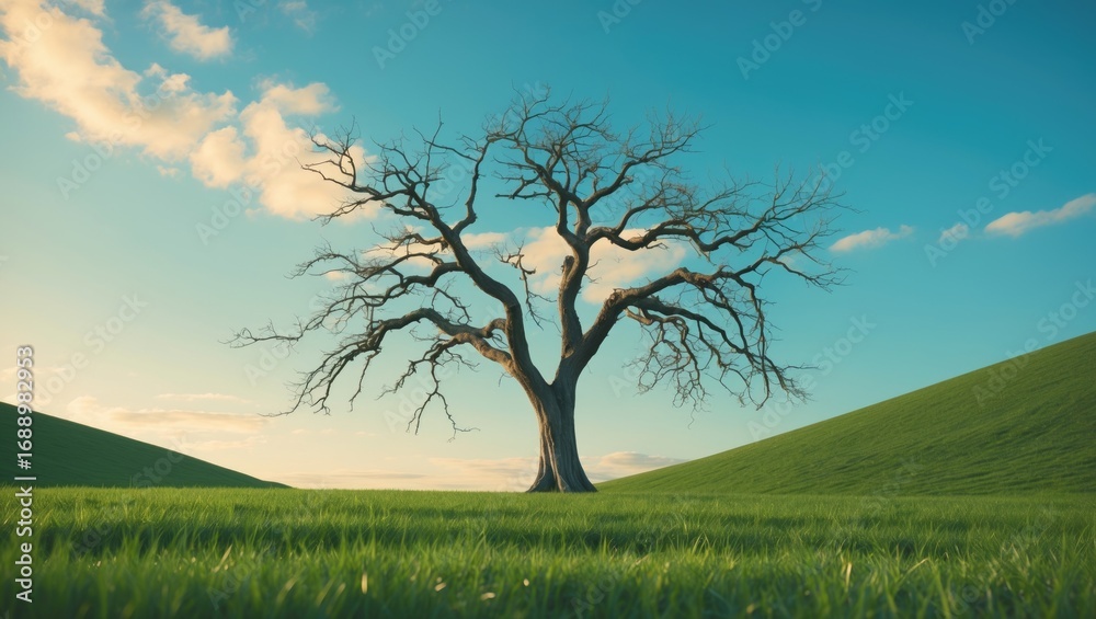 Obraz premium A solitary tree without leaves in a green landscape under a partly cloudy sky. Nature scene with a focus on trees and landscape.