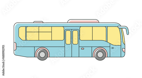 A Light Blue Passenger Coach or Tour Bus with Tinted Windows Driving on a White Background