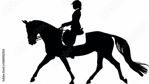 Elegant equestrian rider guides powerful horse in graceful dressage movement