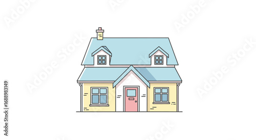 Charming detached house with light blue roof and dormer windows in a simple illustration style