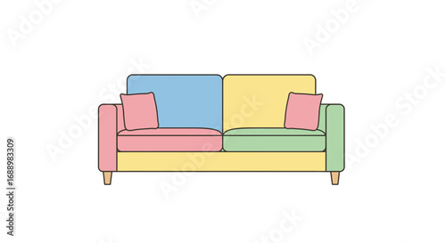 A Colorful and Contemporary Sofa Featuring a Split Design With Distinct Upholstery Colors on Each Cushion and Armrest