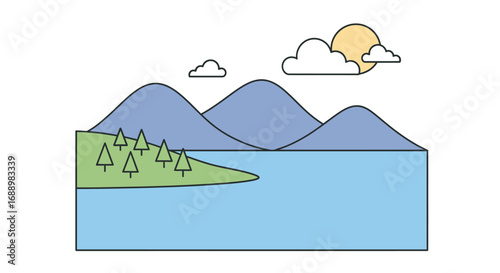 Peaceful Lakeside Vista with Rolling Mountains Under a Sunny Sky with Clouds