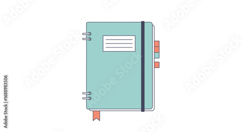 A mint green notebook with a bookmark and elastic band is depicted in a simple flat design style isolated on a white background