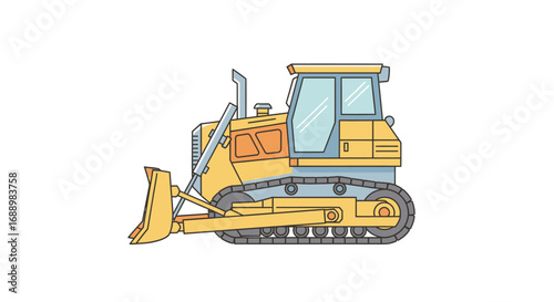 A bright yellow bulldozer with a large metal blade at the front and sturdy treads on the sides