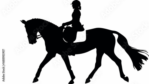Elegant equestrian rider guides powerful horse through graceful dressage movement