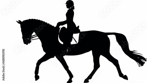 Elegant dressage rider silhouetted on powerful horse in dynamic motion capturing equestrian grace