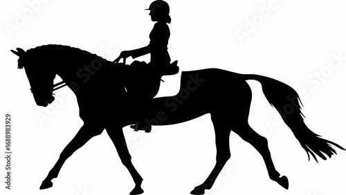 Elegant equestrian rider on powerful horse performing dressage in graceful motion
