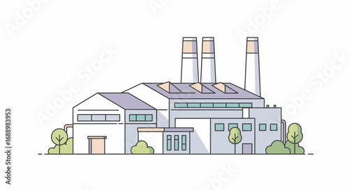 Illustration of a Modern Industrial Factory Building with Multiple Chimneys and Surrounding Greenery on a White Background