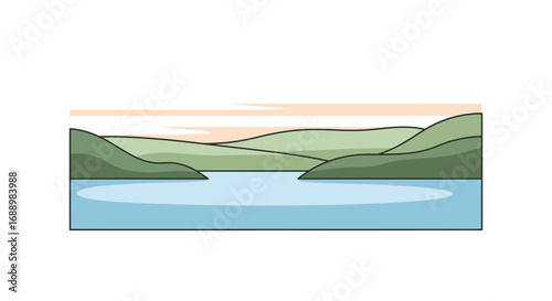 Peaceful Landscape With Gently Rolling Green Hills Embracing a Serene Blue Lake Under a Softly Colored Sky