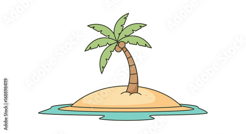 A serene tropical island paradise with a single palm tree bearing coconuts surrounded by clear blue ocean waters on a white background