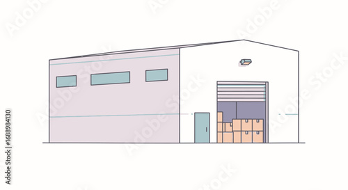 Illustration of a large warehouse building with a loading dock and windows