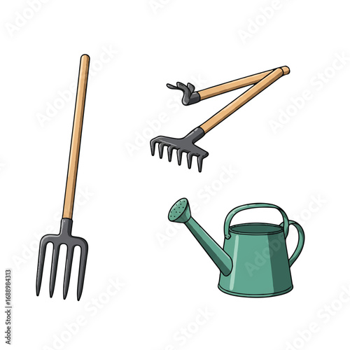 A vibrant flat 2D vector illustration depicts a useful set of gardening tools, featuring a sturdy garden fork, a handy hand rake, and a watering pot, all neatly isolated on a clean white background.