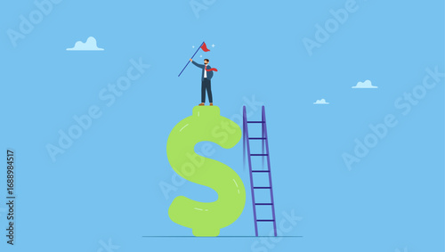 Businessman winner holding flag climbing dollar sign. Financial success, income growth or business achievement, making money or profit, investment for financial freedom, opportunity, income.