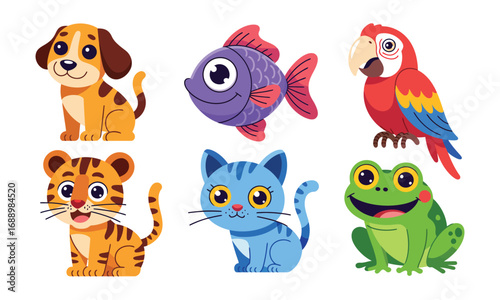 Cartoon illustration of six cheerful animals—puppy, fish, parrot, tiger cub, kitten, frog—ideal for kids’ content and playful storytelling