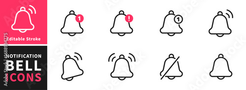 Notification bell icon set. Alarm symbol. Incoming message symbol. Bell for subscribe, alarm and push chat alert. New notification, reminder. Golden bell shakes to alert you to an upcoming schedule