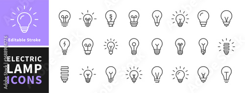 Set of light bulb icon. Electric lamp, light, innovation, solution, creative thinking, electricity. Idea symbol. Editable stroke. Сollection of light bulb outline symbols. Vector illustration.