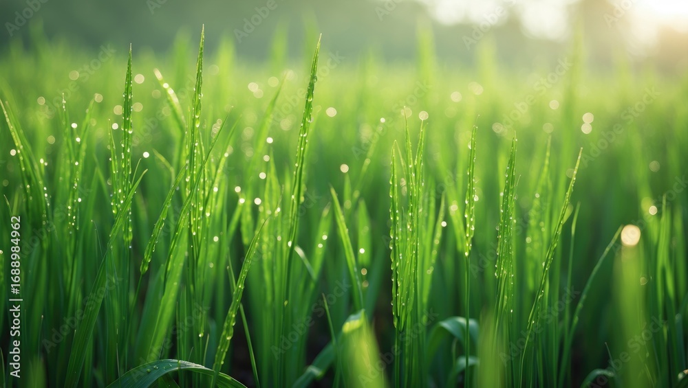 Obraz premium Lush green grass with dew drops in the morning sunlight. Nature and environment, freshness, growth, and vitality. A peaceful and vibrant natural scene.