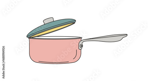 Simple illustration of a pink saucepan with a teal lid slightly ajar showing a yellow interior and a long silver handle on a white background