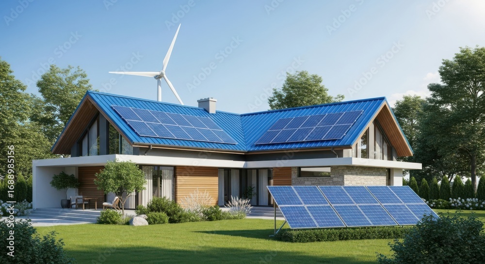 Obraz premium Modern Home with Rooftop Solar Panels and Wind Turbine Generating Clean Energy