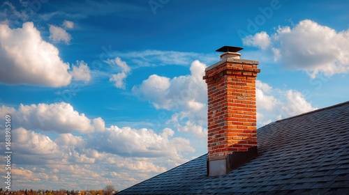 Fototapeta Naklejka Na Ścianę i Meble -  Brick chimney on house roof against blue sky