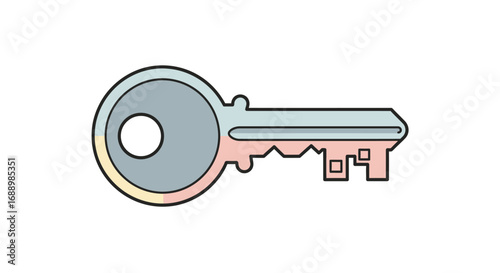 A simple illustration of a single modern key with a rounded head and a detailed bit on a plain white background representing access and security