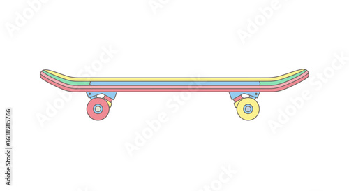 A Rainbow Colored Skateboard Deck with Pastel Wheels for Urban Skating and Outdoor Adventures