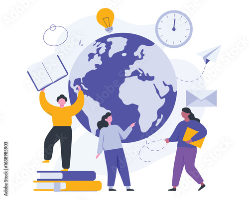 Illustration of three people engaging with globe, books, and icons symbolizing global education, learning, and collaborative knowledge sharing