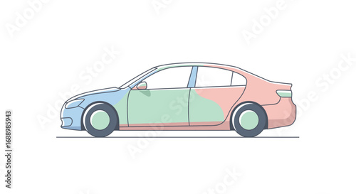 Modern Sedan Car Body Panel Colors and Design Elements in Side View Abstract Illustration