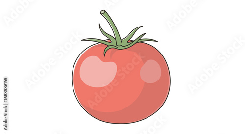 A single ripe red tomato with a green stem and leaves isolated on a white background showcasing its vibrant color and fresh appearance