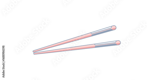 Illustration of two pink chopsticks with blue striped grips and white tips resting against each other isolated on a white background