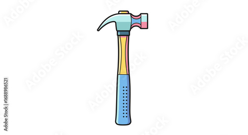 A Colorful Cartoon Illustration of a Claw Hammer with a Wooden Handle and Blue Grips on a White Background