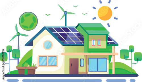 Future Eco-Friendly House with Solar Panels and Wind Energy