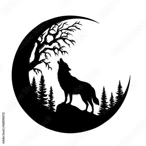 Lone forest wolf and crescent vector 