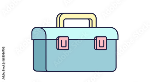 A Light Blue Toolbox with a Yellow Handle and Two Pink Latches on a White Background for Organization and Storage Needs