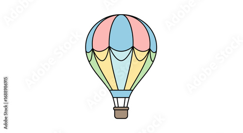 A whimsical hot air balloon floats serenely against a pristine white backdrop showcasing its colorful segmented envelope and woven basket ready for adventure