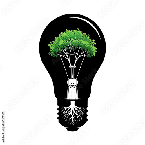 Tree growing inside a light bulb silhouette isolated on white background