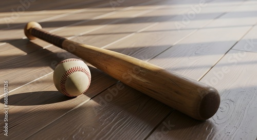 Baseball bat and ball on hardwood floor