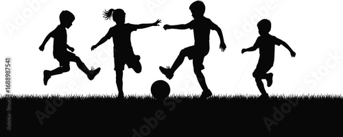 Silhouettes of energetic children playing soccer outdoors on grass, showing active movement, kicking ball, teamwork, fun, and childhood activity