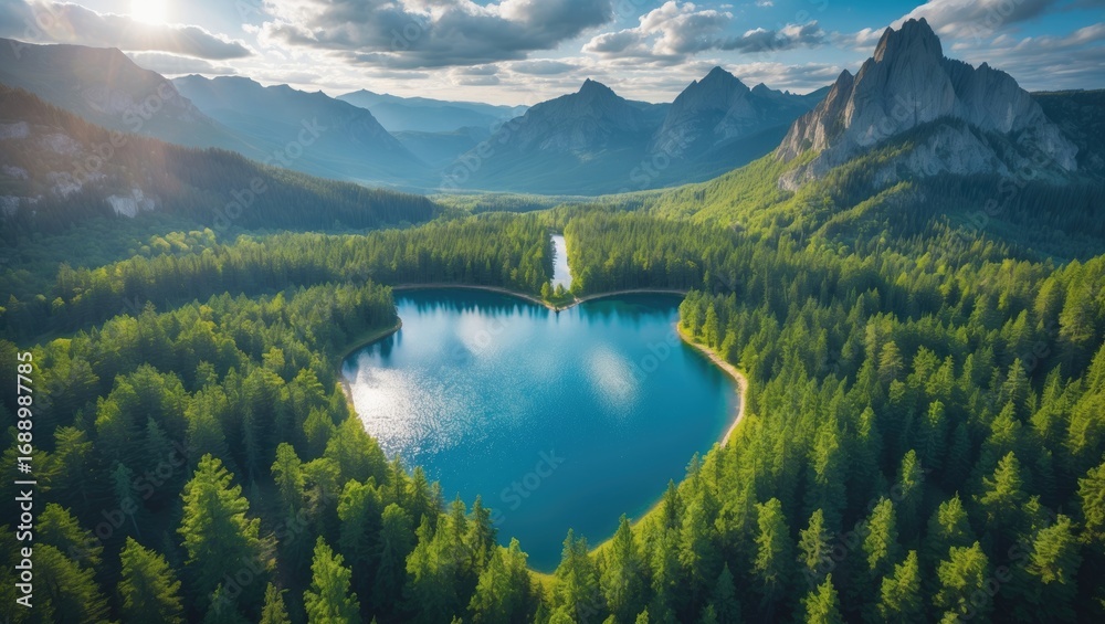 Fototapeta premium Lush green forest surrounding a blue lake with a waterfall and mountain range in the background. Natural scenery and landscape.