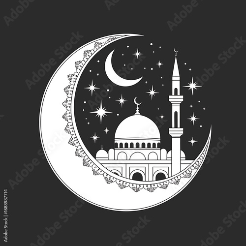 Illustrative Crescent Moon with Mosque and Stars Design on Dark Background for Islamic Celebration