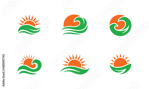 Set of six stylized icons combining sun and ocean wave elements in orange and green tones, ideal for summer, travel, and coastal branding