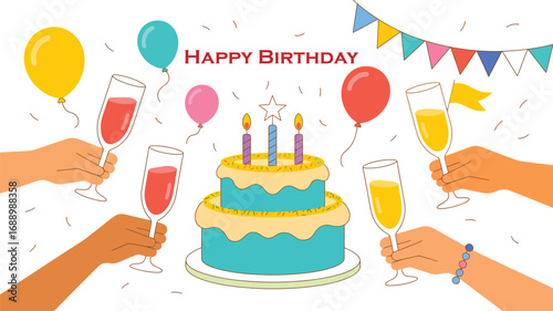 Colorful birthday celebration with cake, candles, drinks, balloons, confetti, and “HAPPY BIRTHDAY” text, symbolizing joy and togetherness