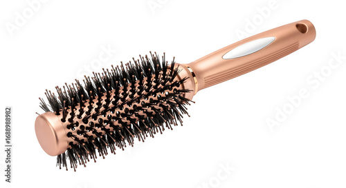 Rose gold hairbrush gleams against black, product style. Great for beauty blogs, product photography, social media posts, or hair care branding.